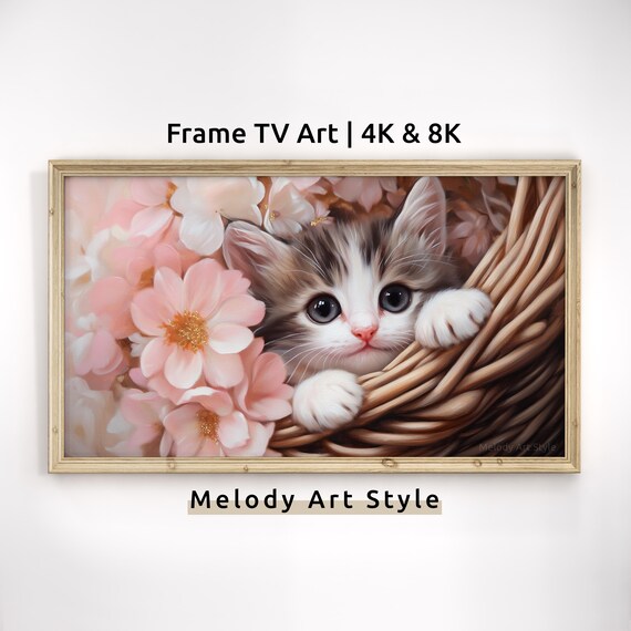 Tiny Kitten In Wicker Basket Pink Blossoms Spring Nursery Wall Art