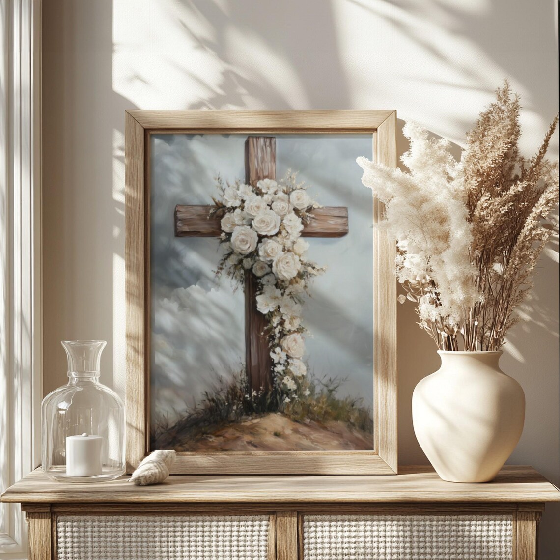 Wooden Cross Draped In White Roses Cloudy Sky Faith Art Poster - Image 2