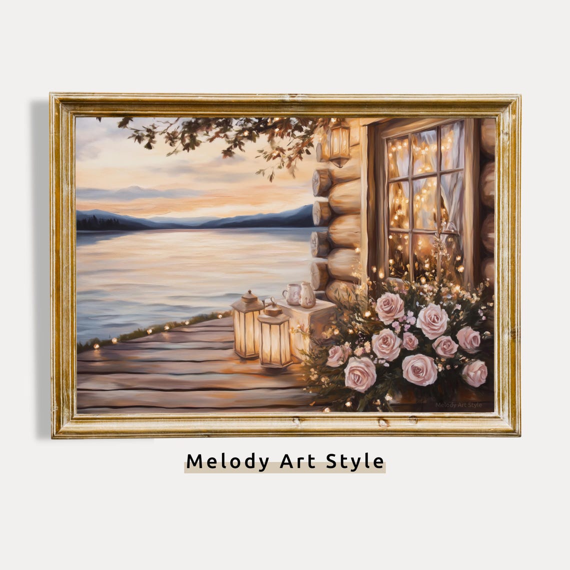 Lakeside Log Cabin Deck at Sunset Lanterns Rustic Retreat Poster