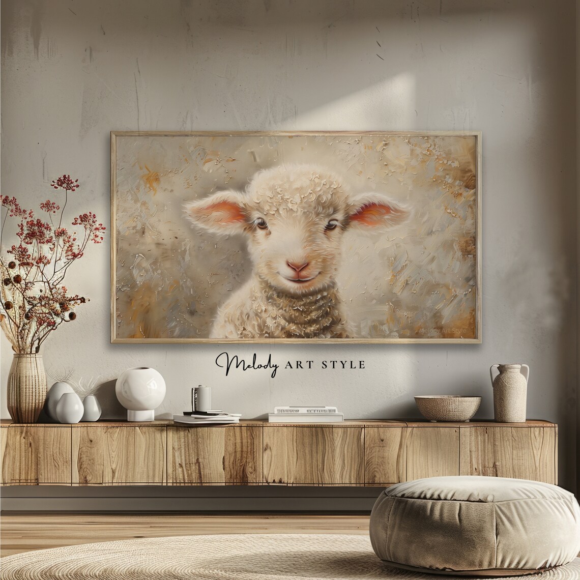 Sweet Lamb Face Neutral Beige Rustic Farmhouse Animal Art Poster - Image 2