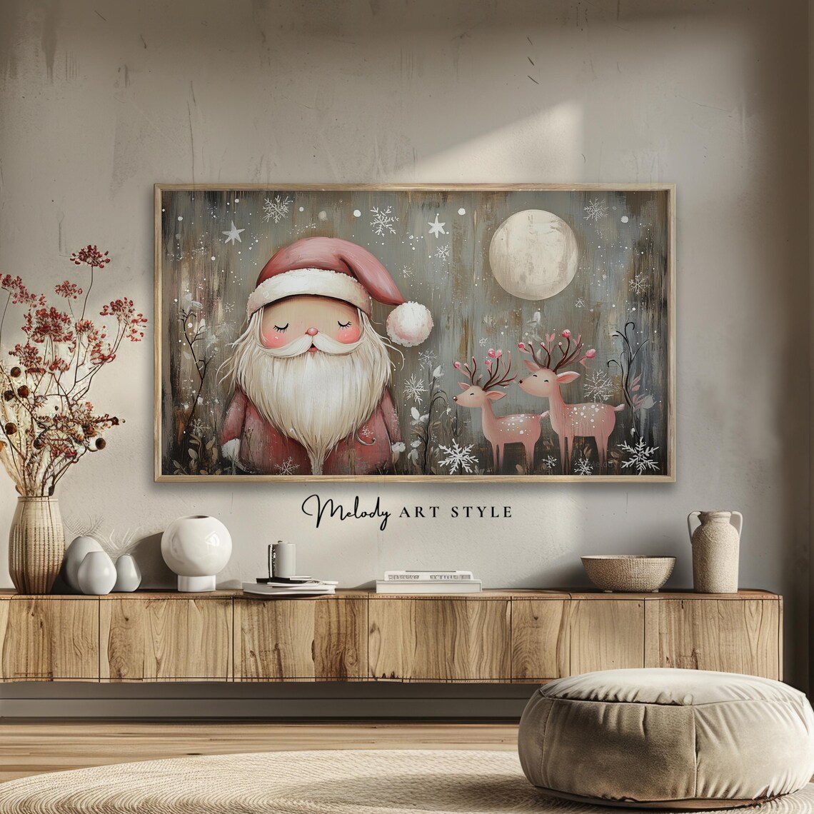 Pink Santa Claus And Reindeer Frame Tv Art 4k 8k Christmas Snowflakes Oil Painting Art For Tv Rustic Winter Artwork F147 - Image 2