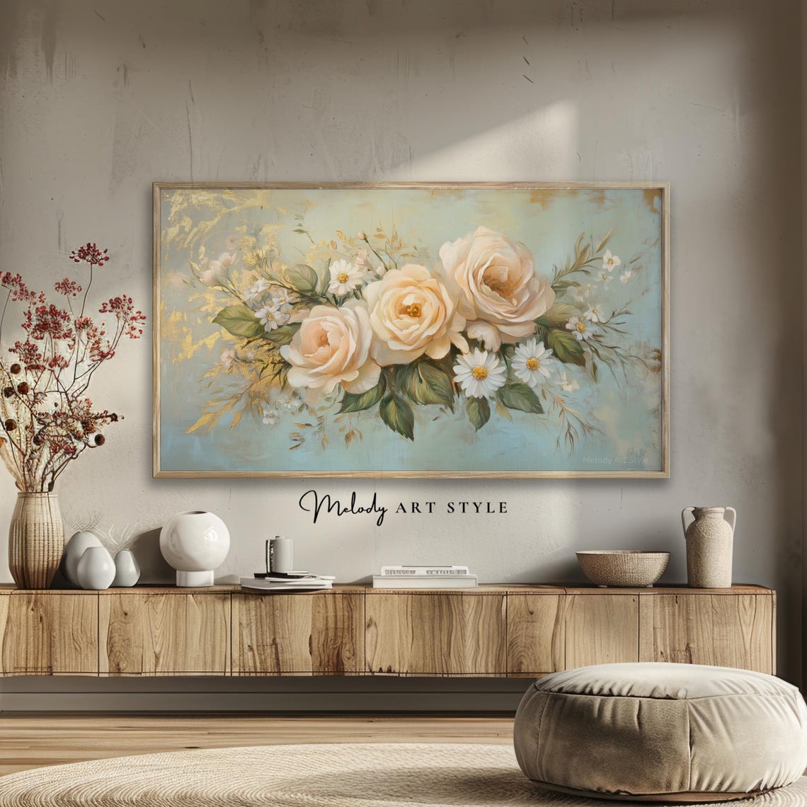 Cream Roses And White Daisies Victorian Botanical Floral Art Poster - Image 2