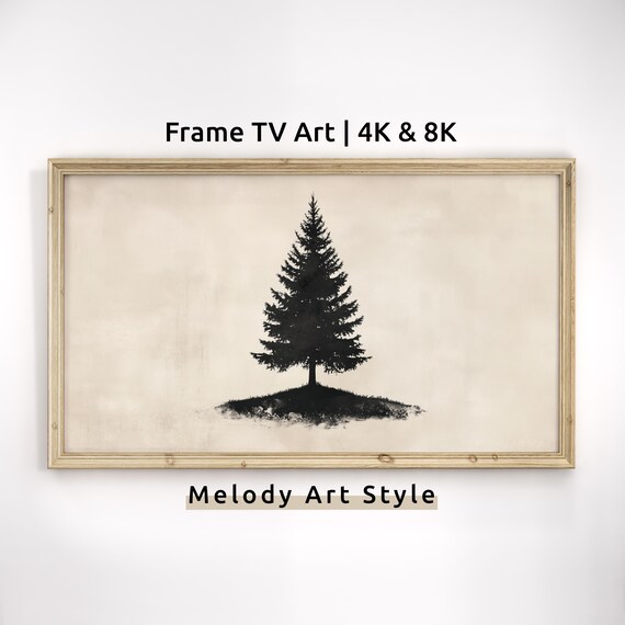Minimalist Pine Tree Frame Tv Art 4k 8k Black And Beige Modern Decor Screensaver Neutral Wallpaper F119