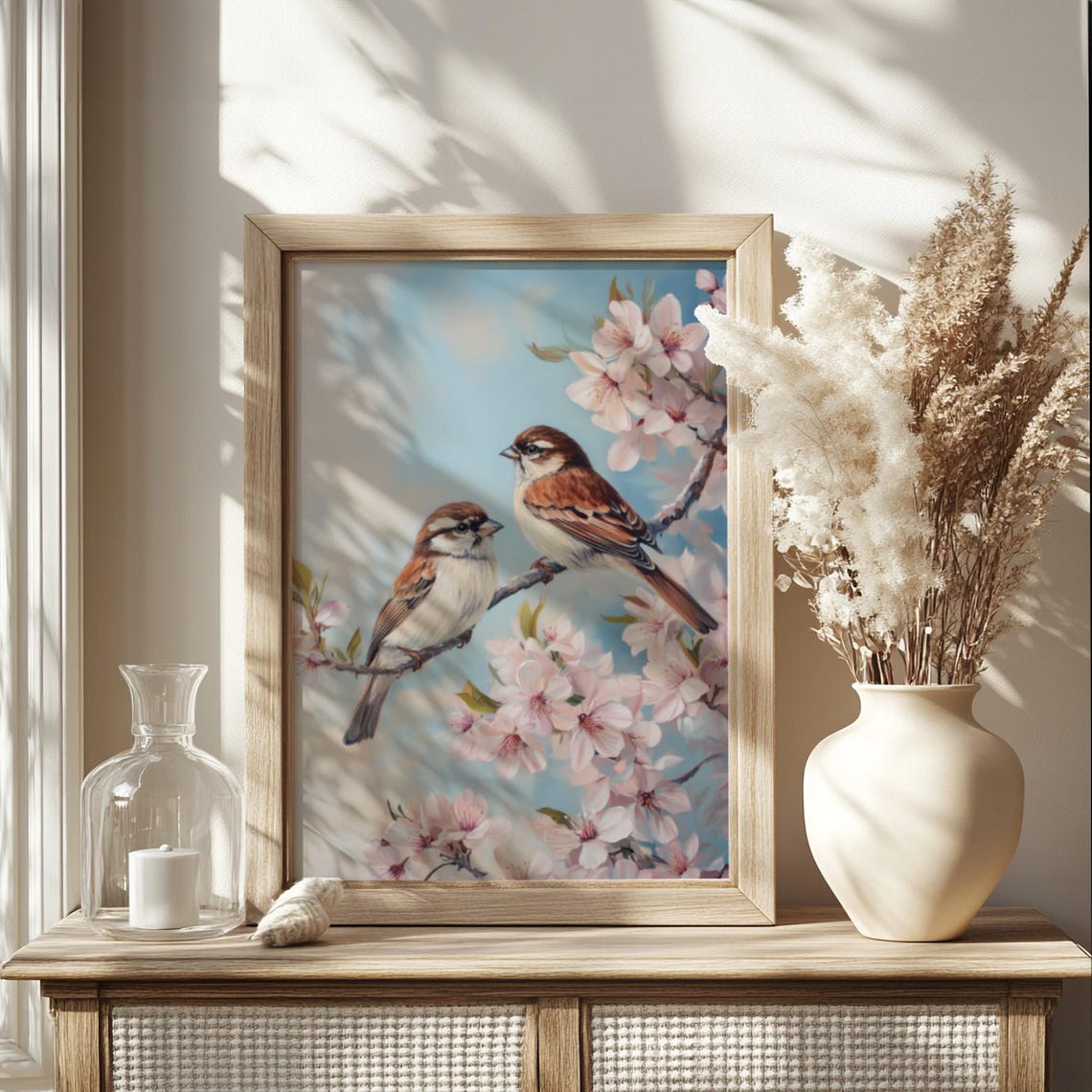 Two Sparrows Perched On Cherry Blossom Branch Spring Bird Art Poster - Image 2