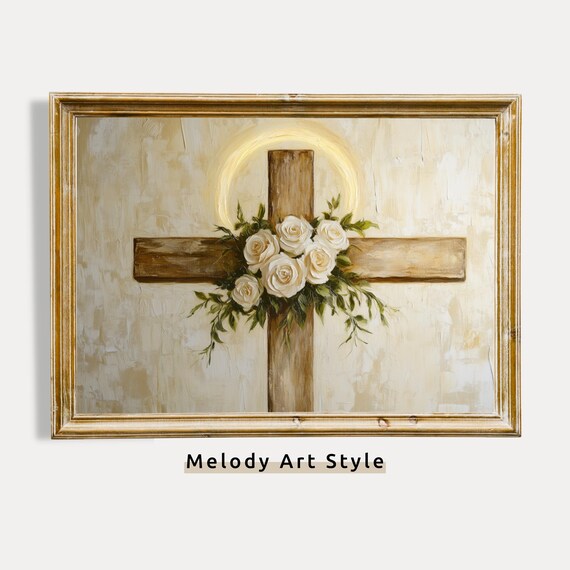 Wooden Cross With White Roses Golden Halo Christian Faith Wall Art