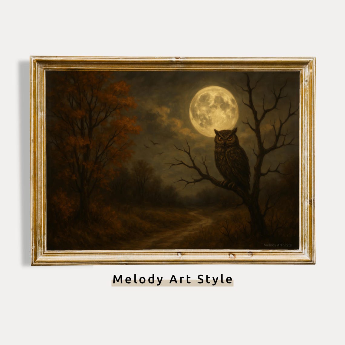 Horned Owl Under Full Moon On Bare Branch Moody Forest Halloween Print