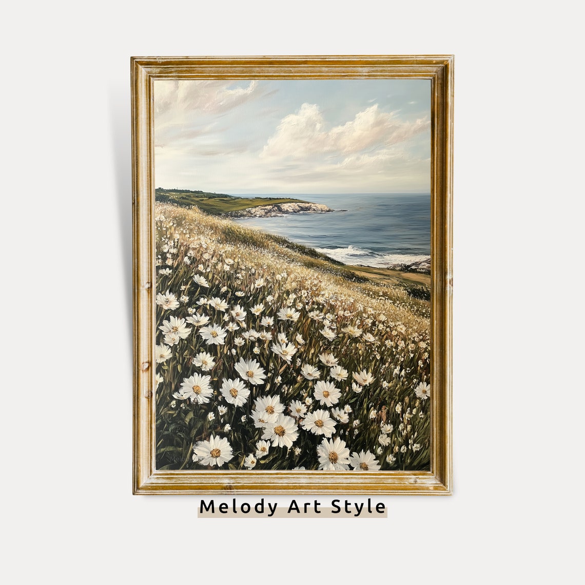 Coastal Wildflower Meadow White Daisies Ocean Cliff View Poster