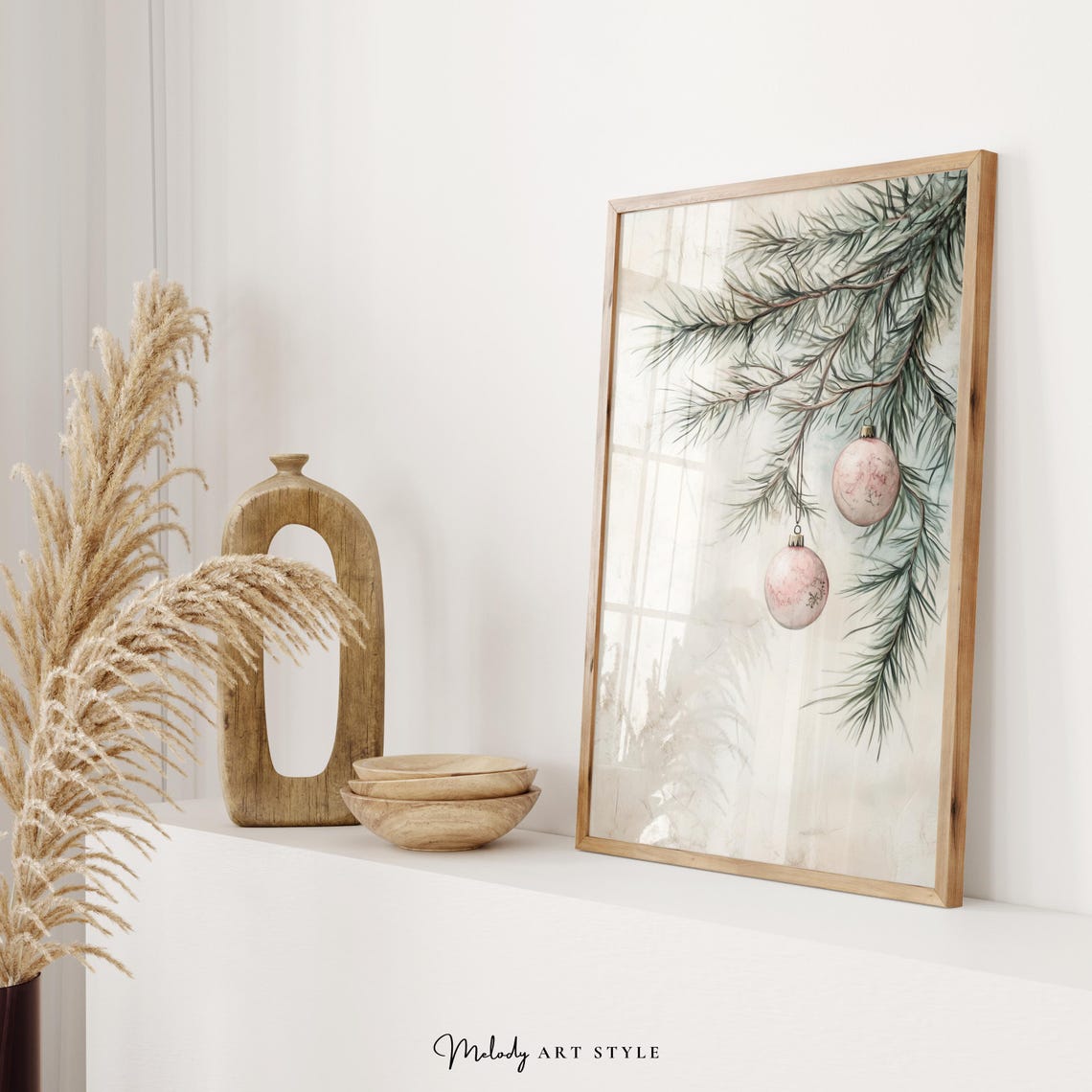 Minimalist Pine Branch Two Pink Baubles Winter Vintage Poster - Image 2