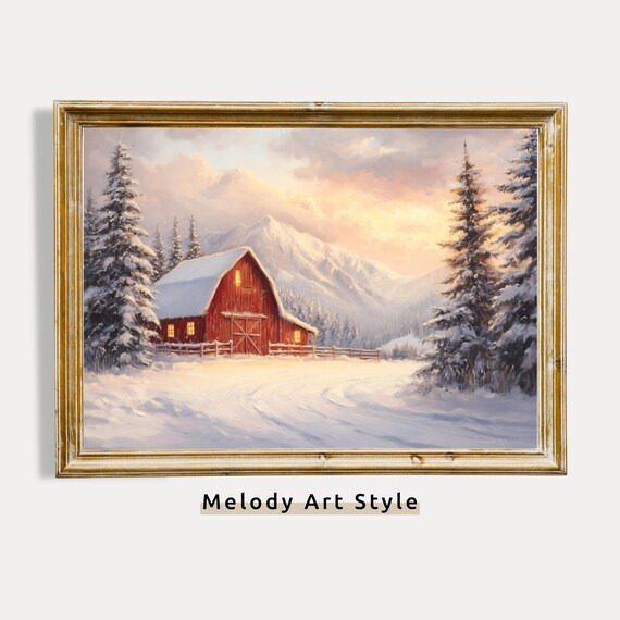 Red Barn In Snowy Winter Landscape With Mountains At Sunset Poster