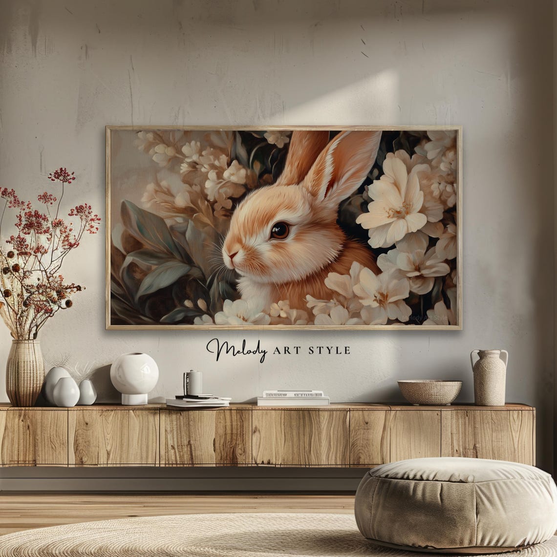 Fluffy Bunny Among White Flowers Close Up Spring Garden Art Poster - Image 2
