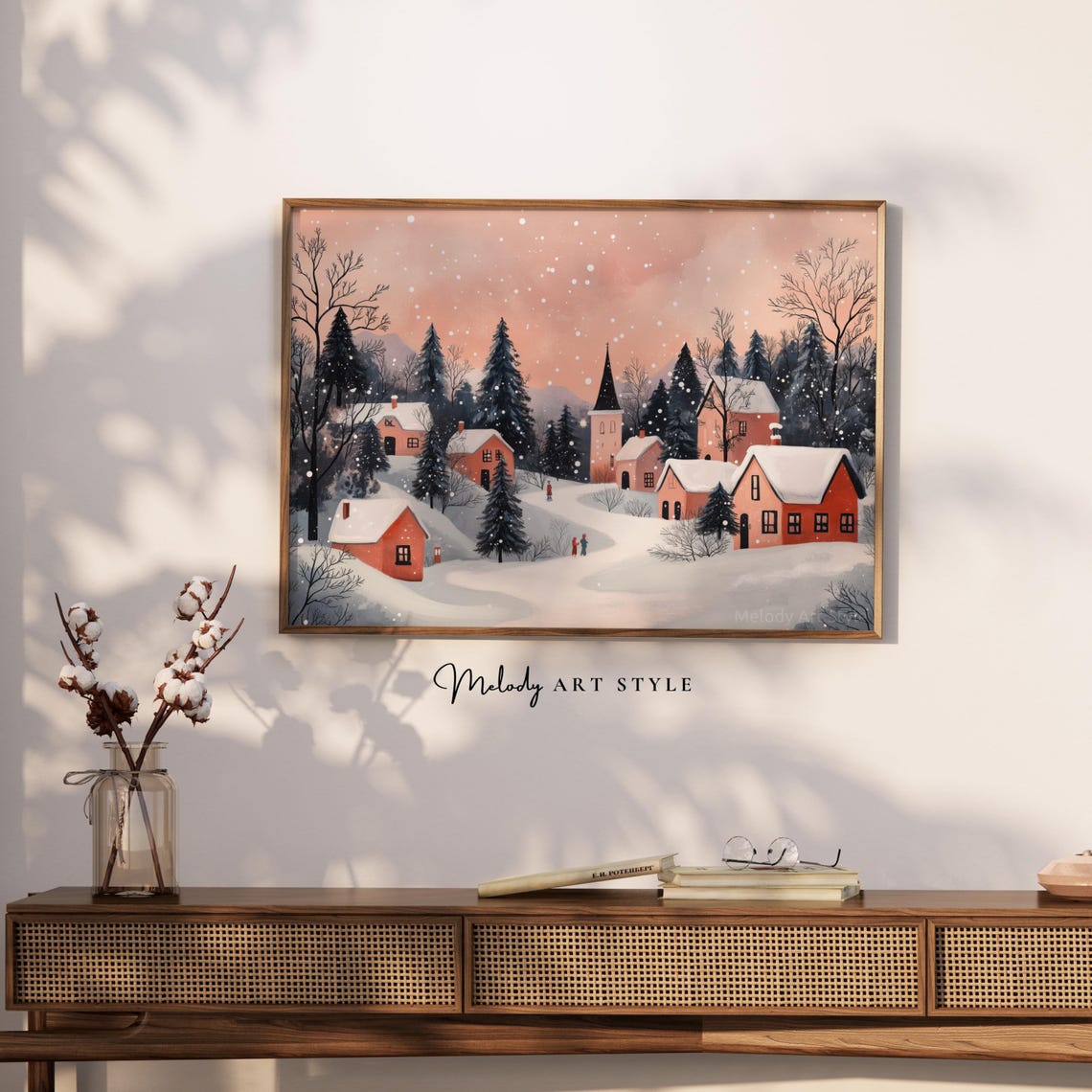 Scandinavian Snowy Village Falling Snow Pastel Winter Art Poster - Image 2