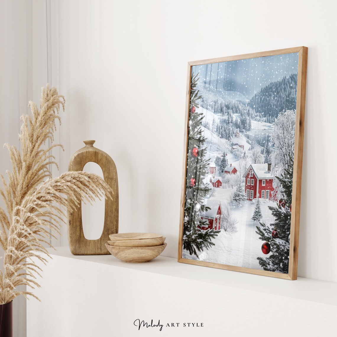 Snowy Christmas Village Red Cabins Fir Trees Winter Night Poster - Image 2