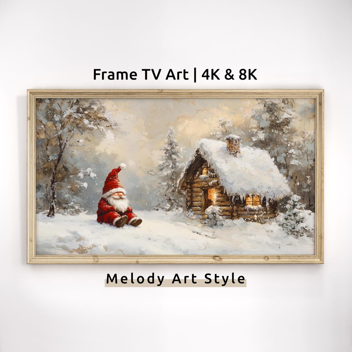 Santa Gnome By Snowy Log Cabin Warm Window Lights Winter Night Poster