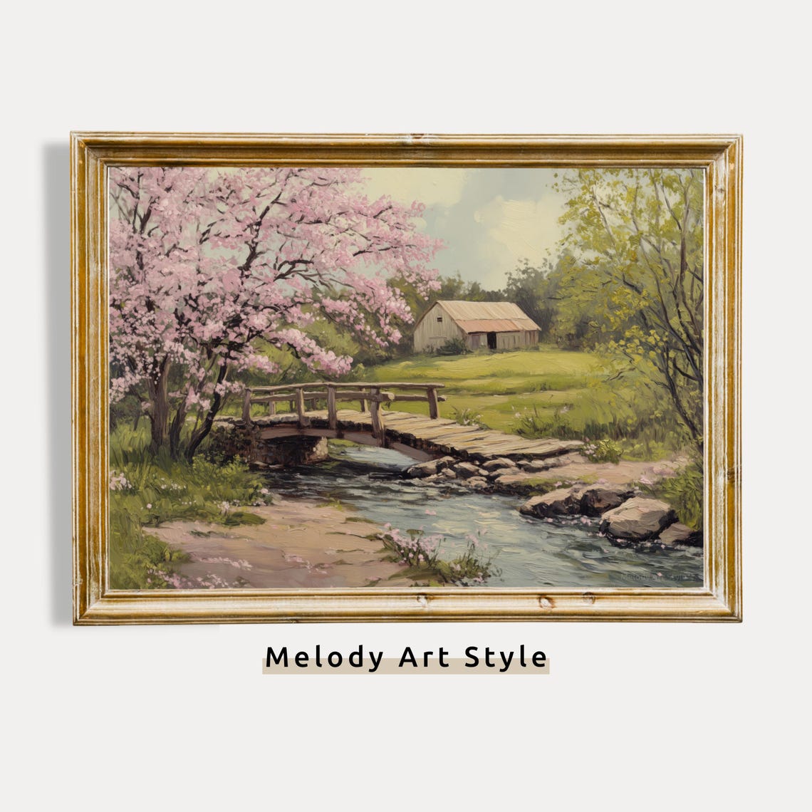 Rustic Countryside Wall Art Spring Cherry Blossom Landscape Print Farmhouse Bridge Painting Peaceful Country Barn Decor P405