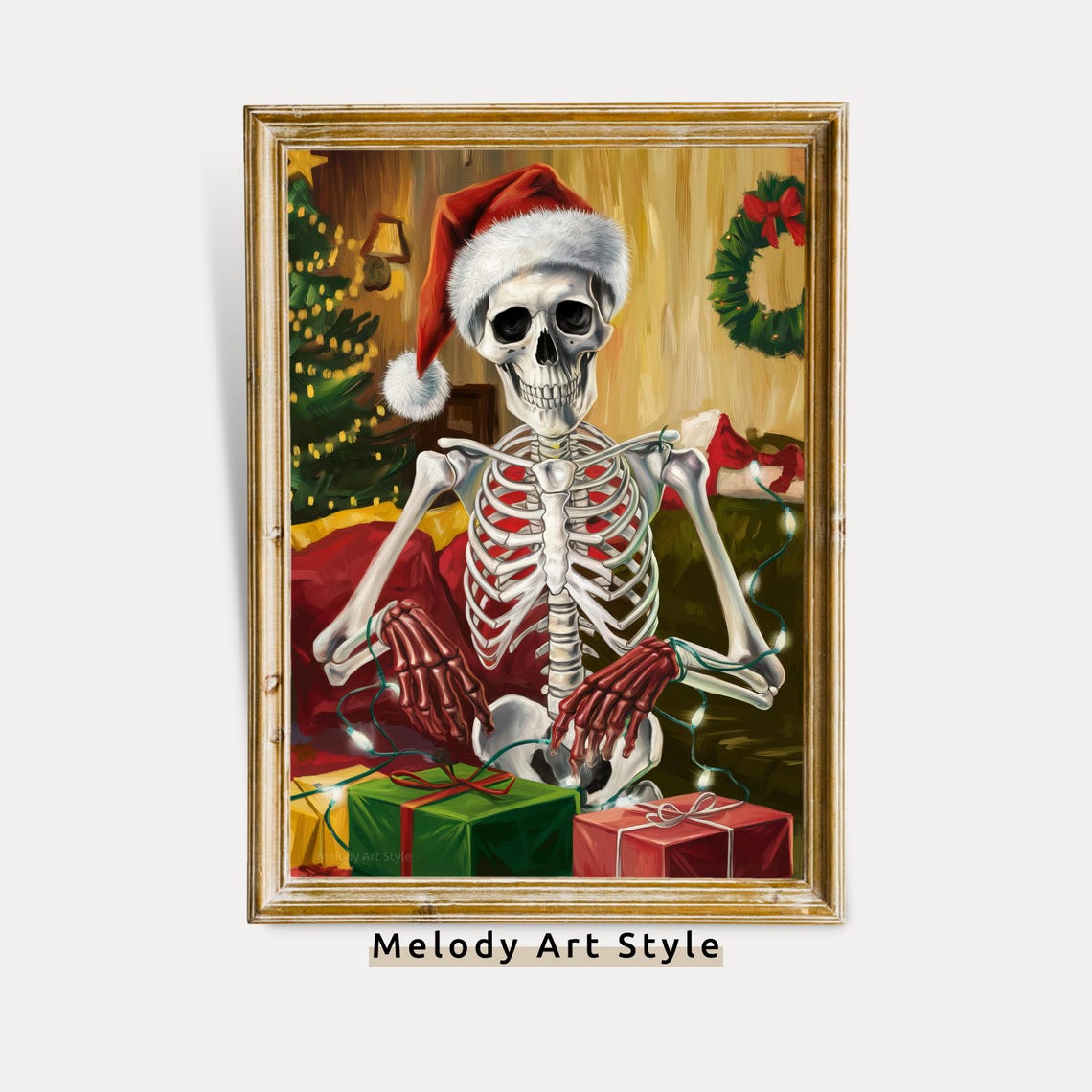 Skeleton Wearing Santa Hat With Christmas Lights Spooky Poster