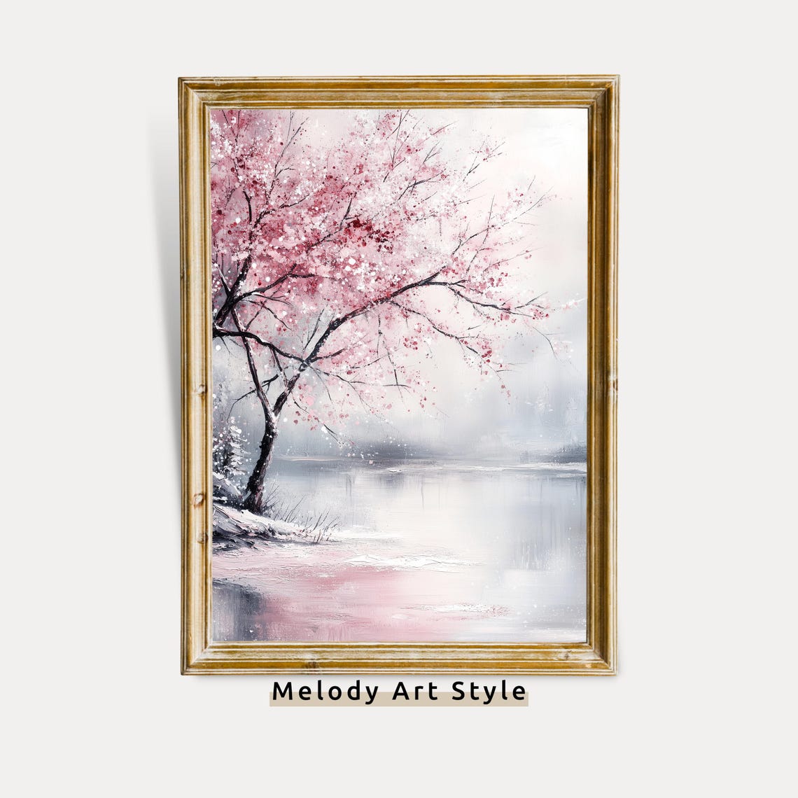 Pink Cherry Blossom Tree Snowy Lake Misty Winter Watercolor Art Poster