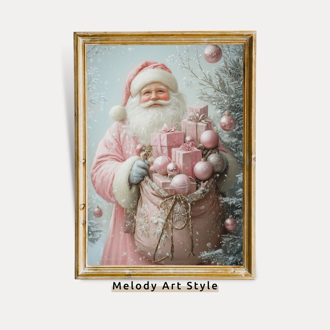 Pink Santa Christmas Oil-Painting-Style Art Print