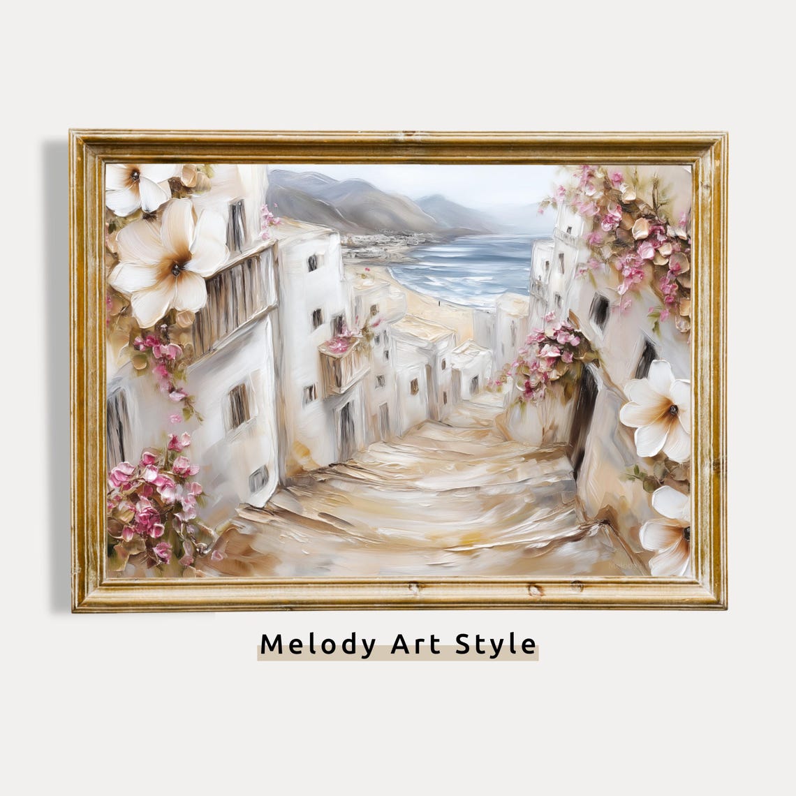 Mediterranean White Village Street to the Sea Floral Travel Art Poster