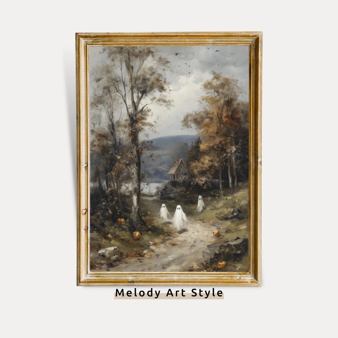 Autumn Landscape Wall Art Vintage Halloween Decor Spooky Forest Painting October Fall Witchy P647