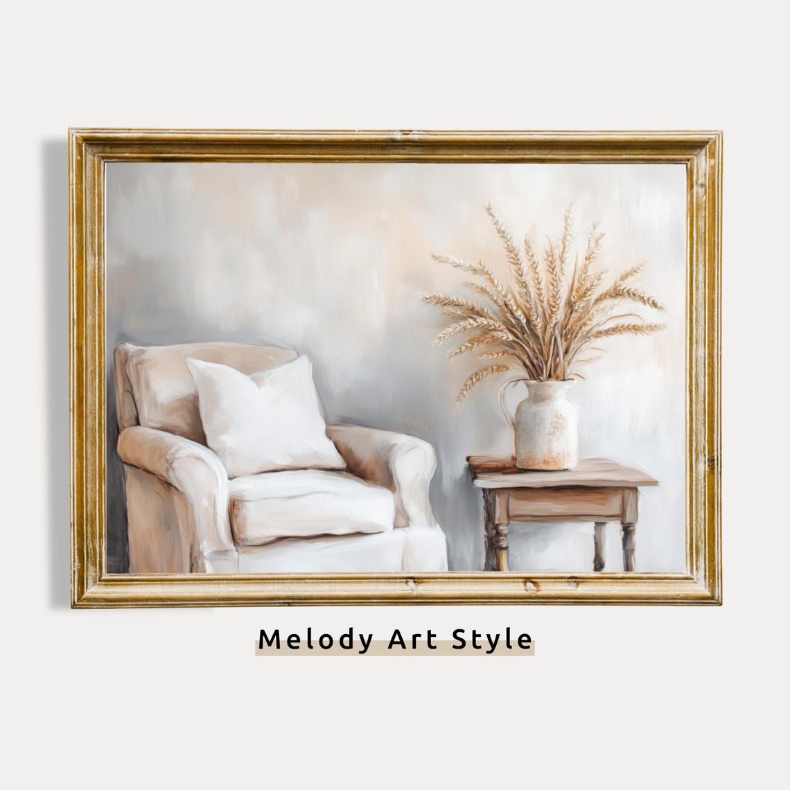 Neutral Armchair With Wheat Vase Cozy Farmhouse Interior Art Poster