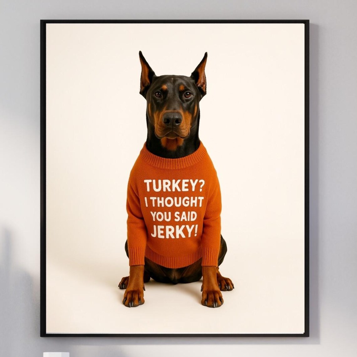 Doberman Thanksgiving Sweater Funny Turkey Jerky Dog Portrait Poster