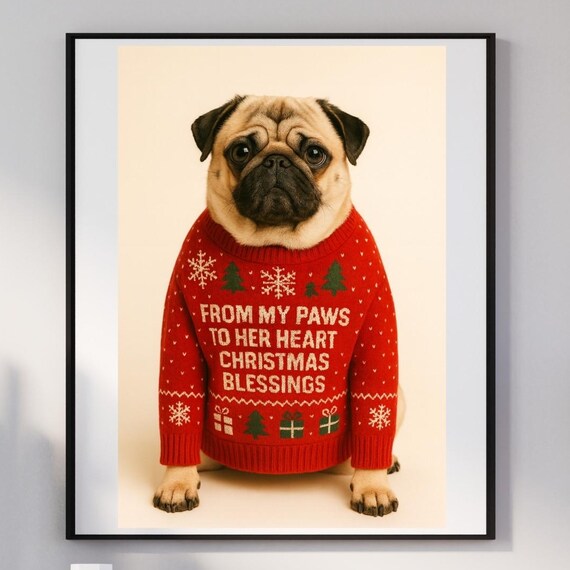 Fawn Pug Christmas Poster Red Sweater Paws To Heart Blessing Gift