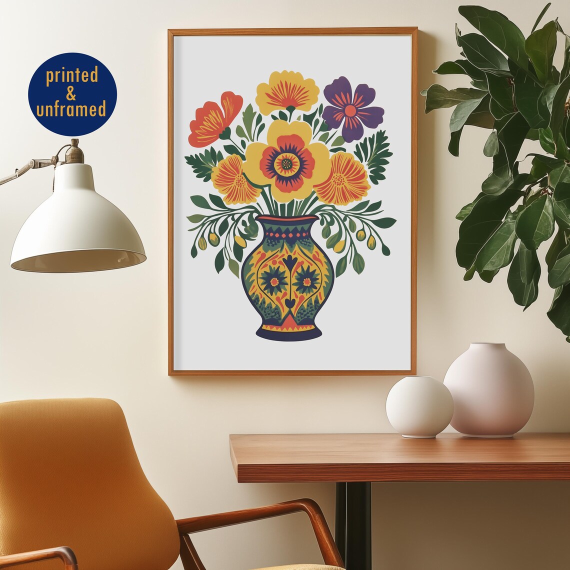 Colorful Folk Art Flower Bouquet In Decorative Vase Wall Art