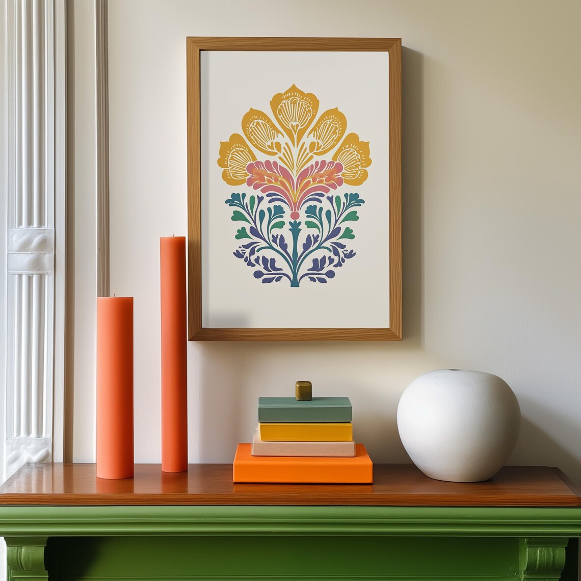 Colorful Retro Folk Art Flowers Symmetric Botanical Garden Poster