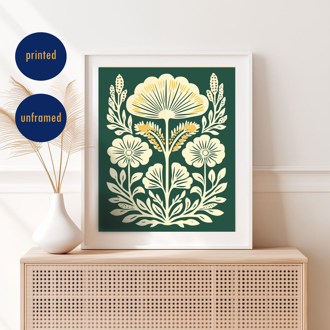 Green Floral Art Print Retro Botanical Wall Boho Home Decor