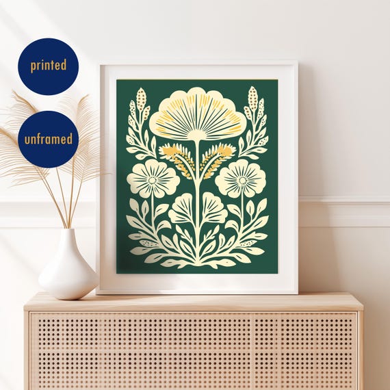 Green Floral Art Print Retro Botanical Wall Boho Home Decor