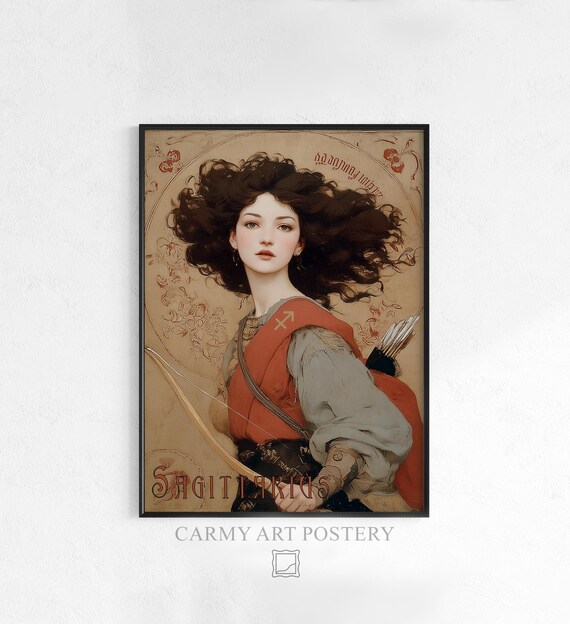 Zodiac Wall Art Print Adventurous Woman As Sagittarius Vintage Deco Astrology Earthy Bohemian Decor Instant 1164