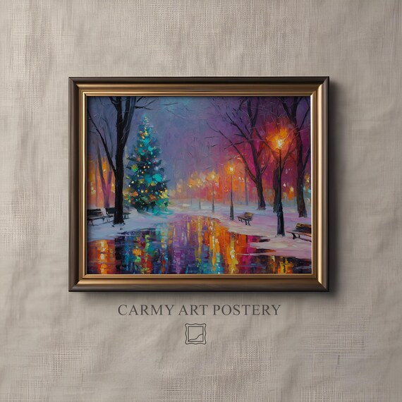 Christmas Tree Snowy Park Night Lights Impressionist Art Print