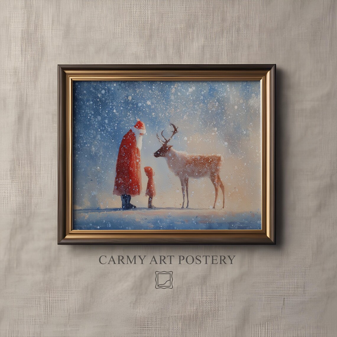 Santa Claus Reindeer Snowfall Tender Moment Christmas Watercolor Print