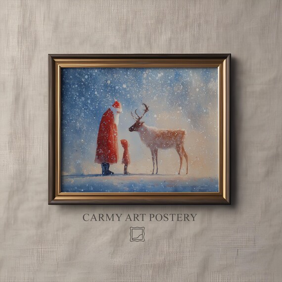 Santa Claus Reindeer Snowfall Tender Moment Christmas Watercolor Print