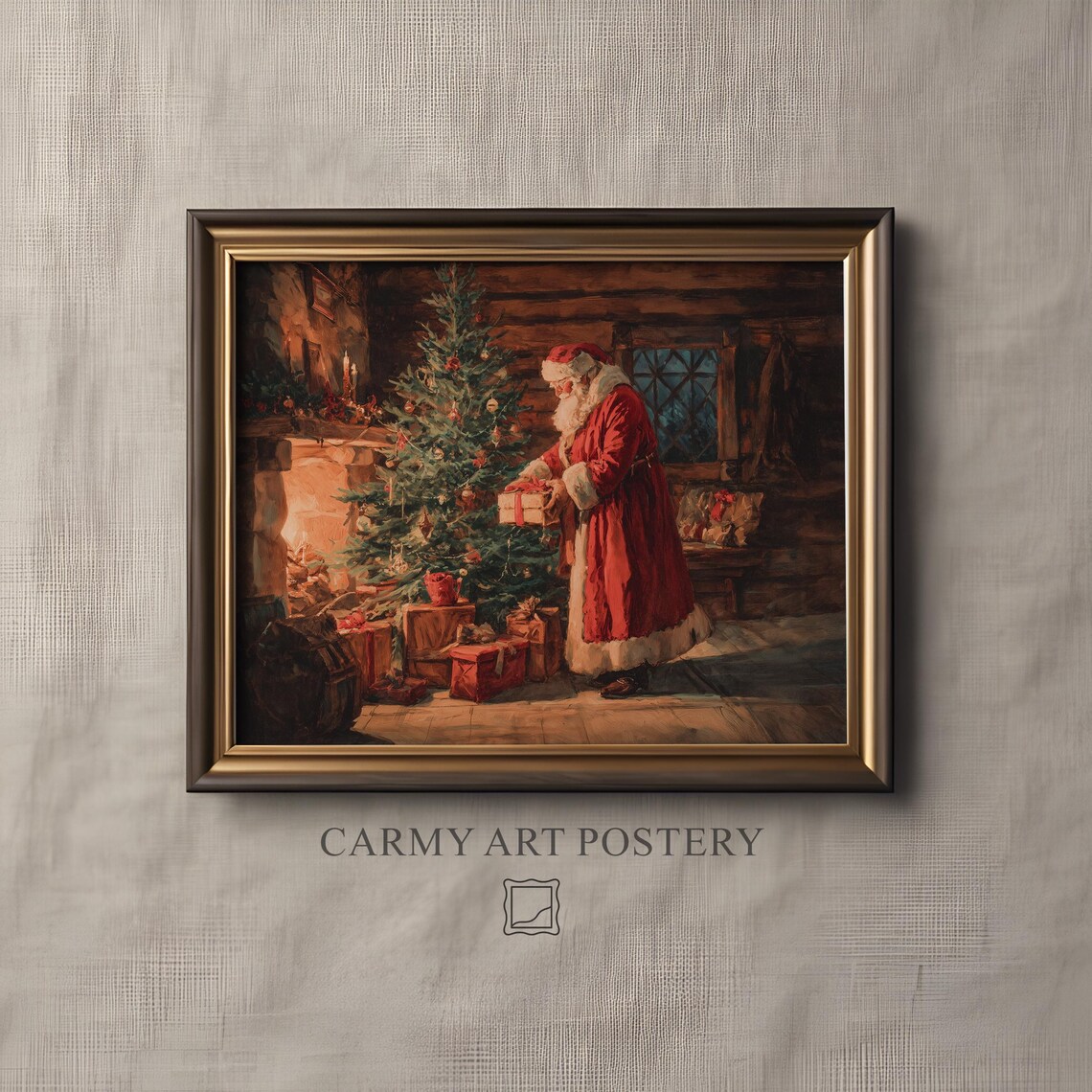 Santa Claus Placing Gifts Cozy Cabin Vintage Christmas Art Poster