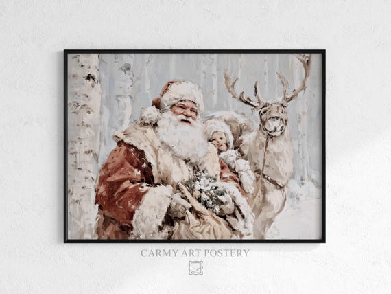 Vintage Santa Claus And Reindeer Print Cozy Holiday Wall Art Festive Rustic Decor Antique Illustration 425