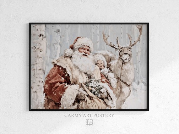 Vintage Santa Claus Reindeer Snowy Birch Forest Painting Poster