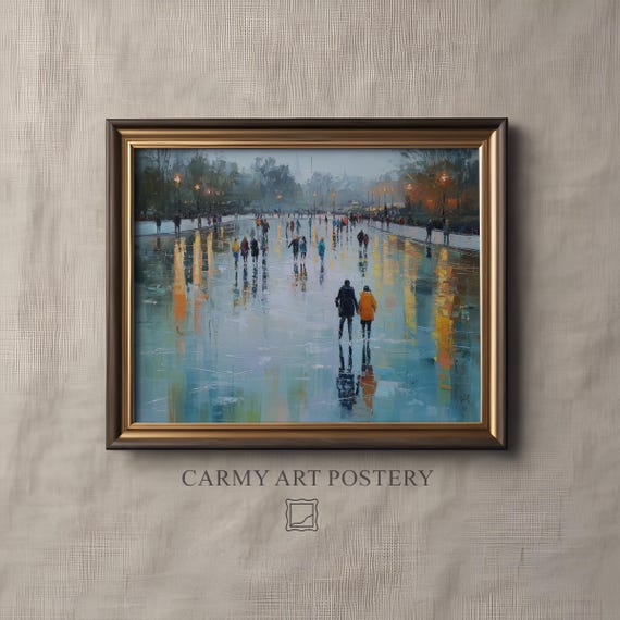 Moody Winter Ice Skating Scene Impressionist Wall Art Cozy Evening Pond Reflection Print Decor 1088