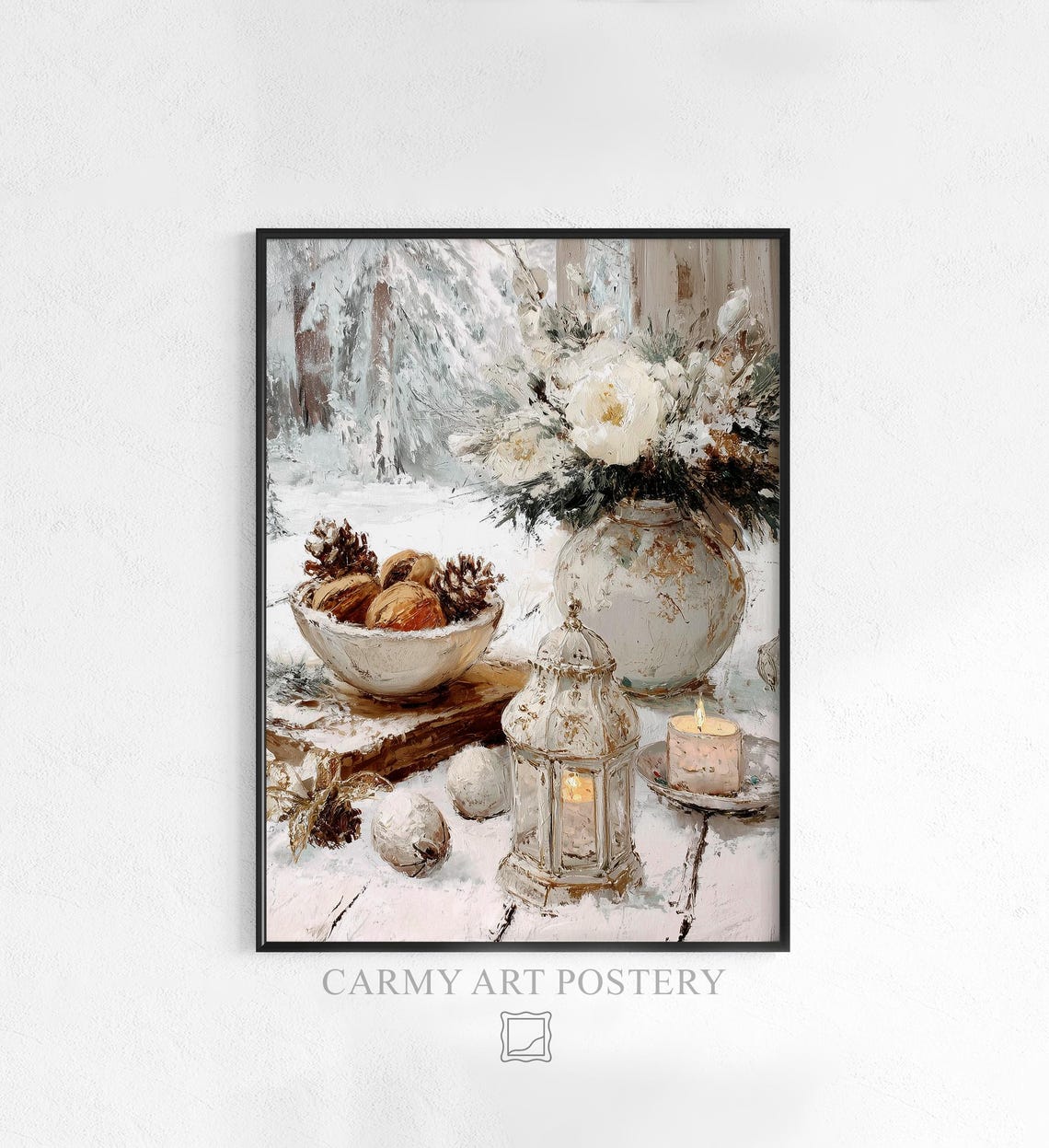 Neutral Winter Still Life with White Flowers and Lantern Poster