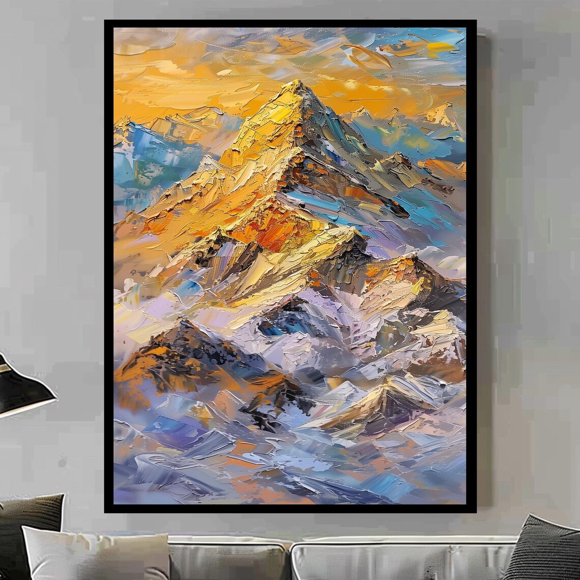 Golden Mountain Peak Impasto Oil Painting Sunset Abstract Art Print