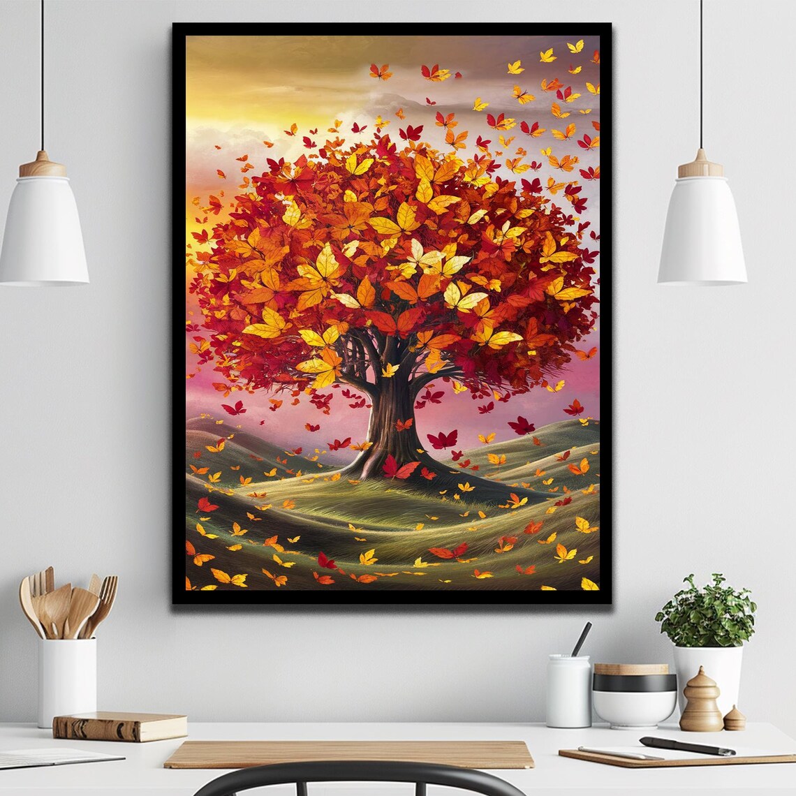 Autumn Butterfly Tree With Falling Red Gold Leaves Whimsical Wall Art