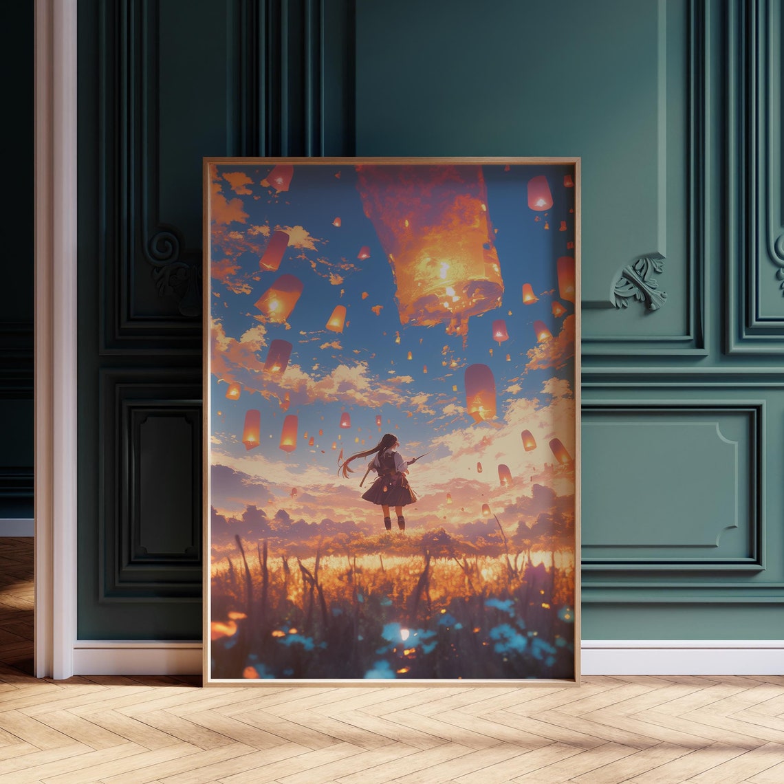 Anime Girl Floating Sky Lanterns Sunset Field Dreamy Lofi Art Poster