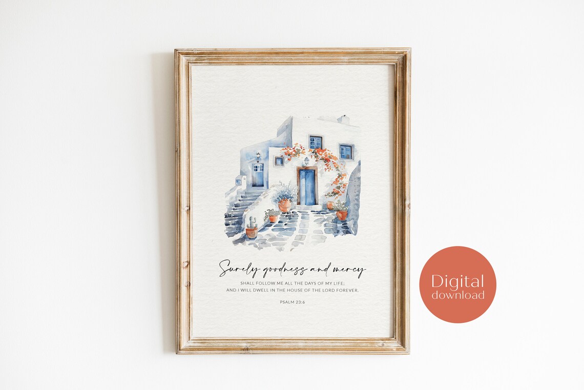 Psalm 23:6 Surely Goodness and Mercy Santorini Whitewashed Village Poster - Image 3