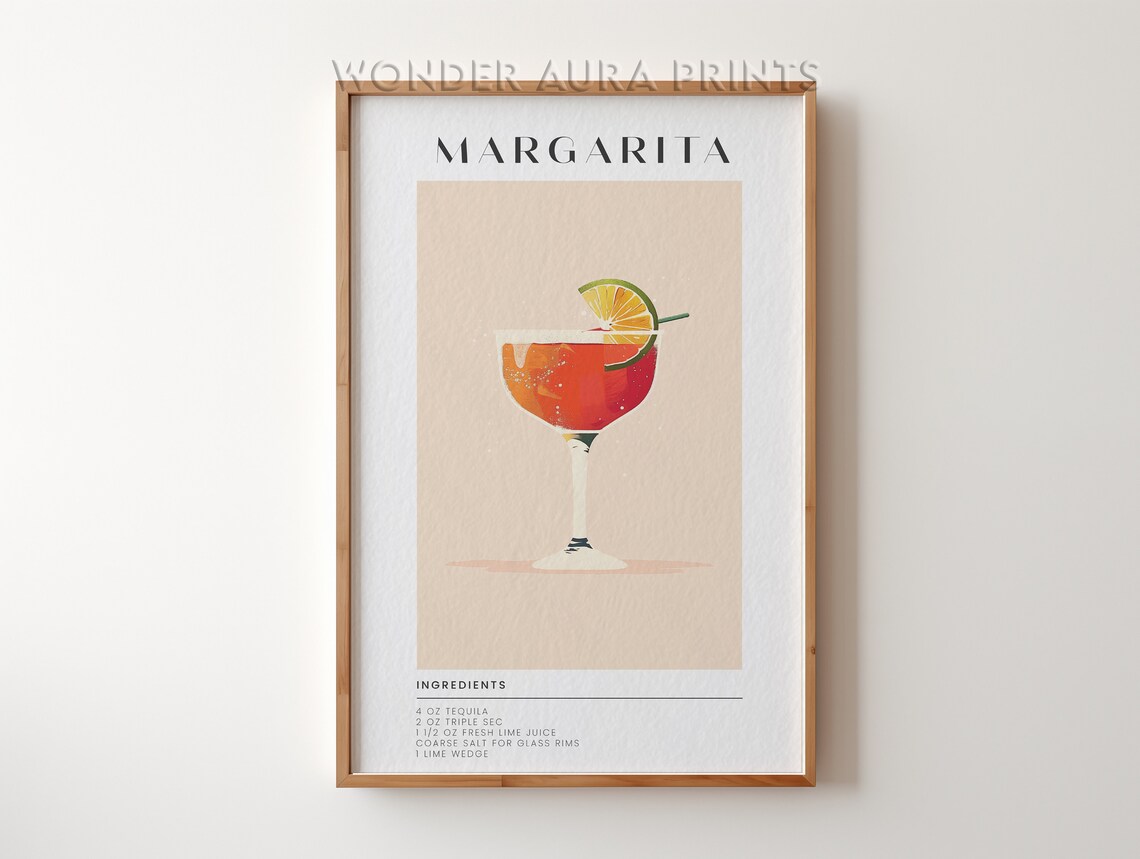 Classic Margarita Cocktail Recipe Retro Bar Cart Decor Poster