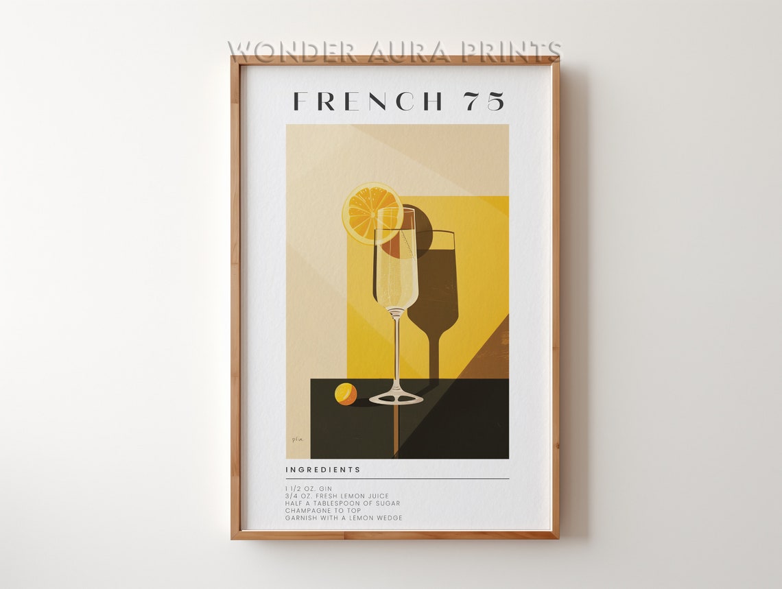 French 75 Classic Cocktail Recipe Yellow Art Deco Bar Cart Poster