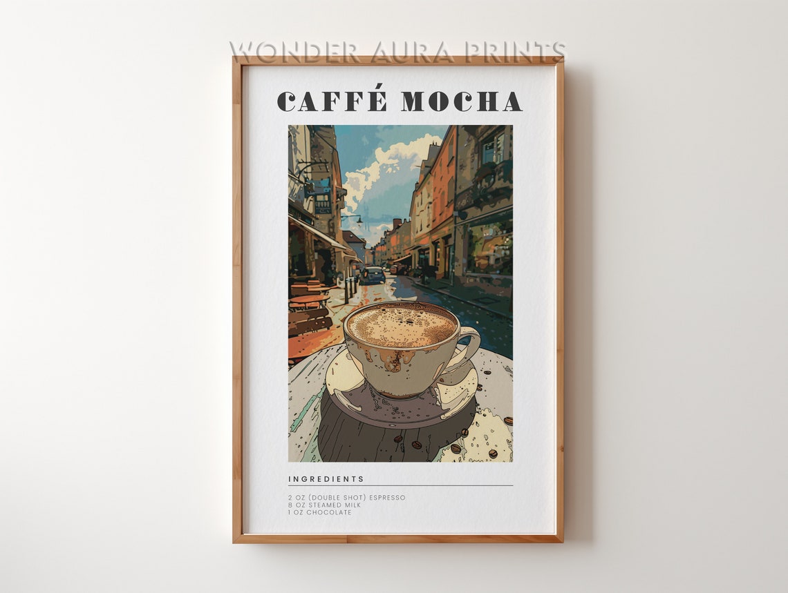 Caffé Mocha Recipe Poster with Sunny Italian Street Cafe Scene