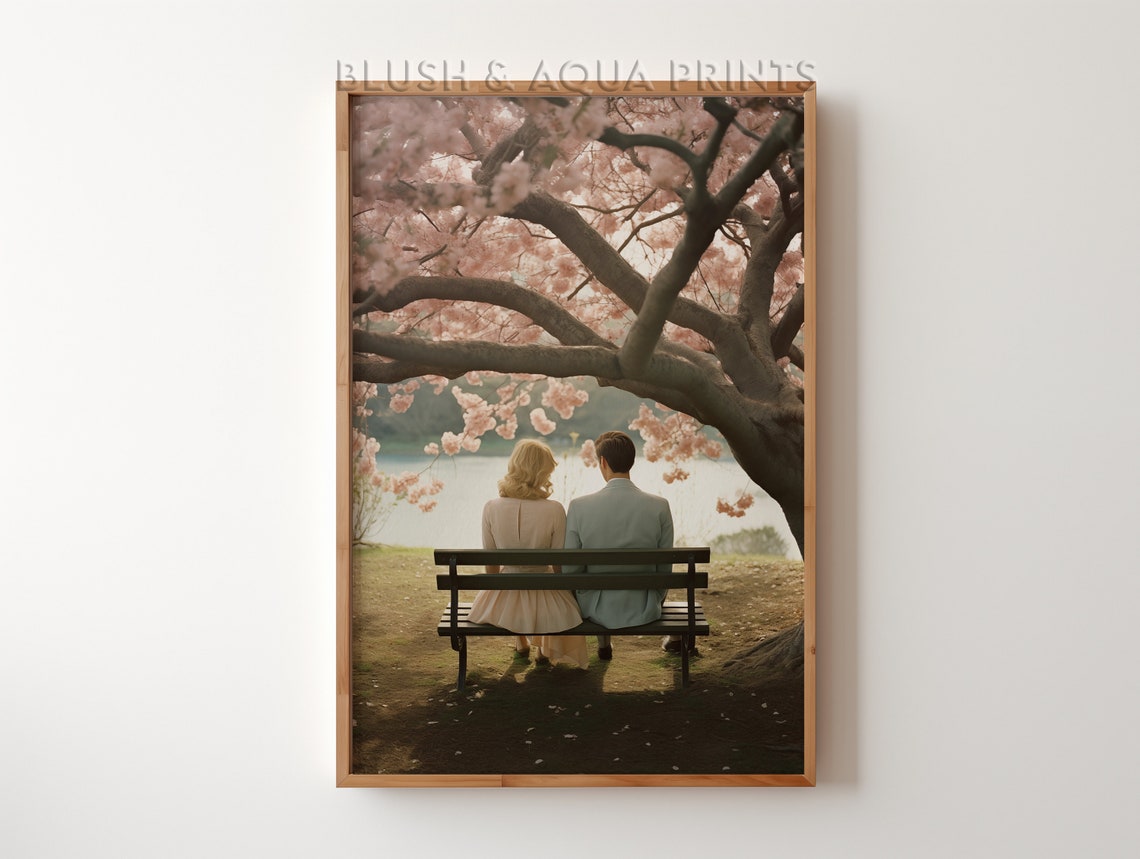 Vintage Couple on Bench Beneath Cherry Blossoms Romantic Poster