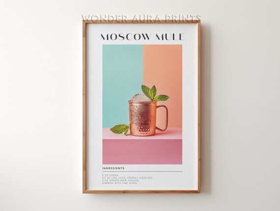 Moscow Mule Copper Mug Cocktail Recipe Retro Pastel Bar Art Poster