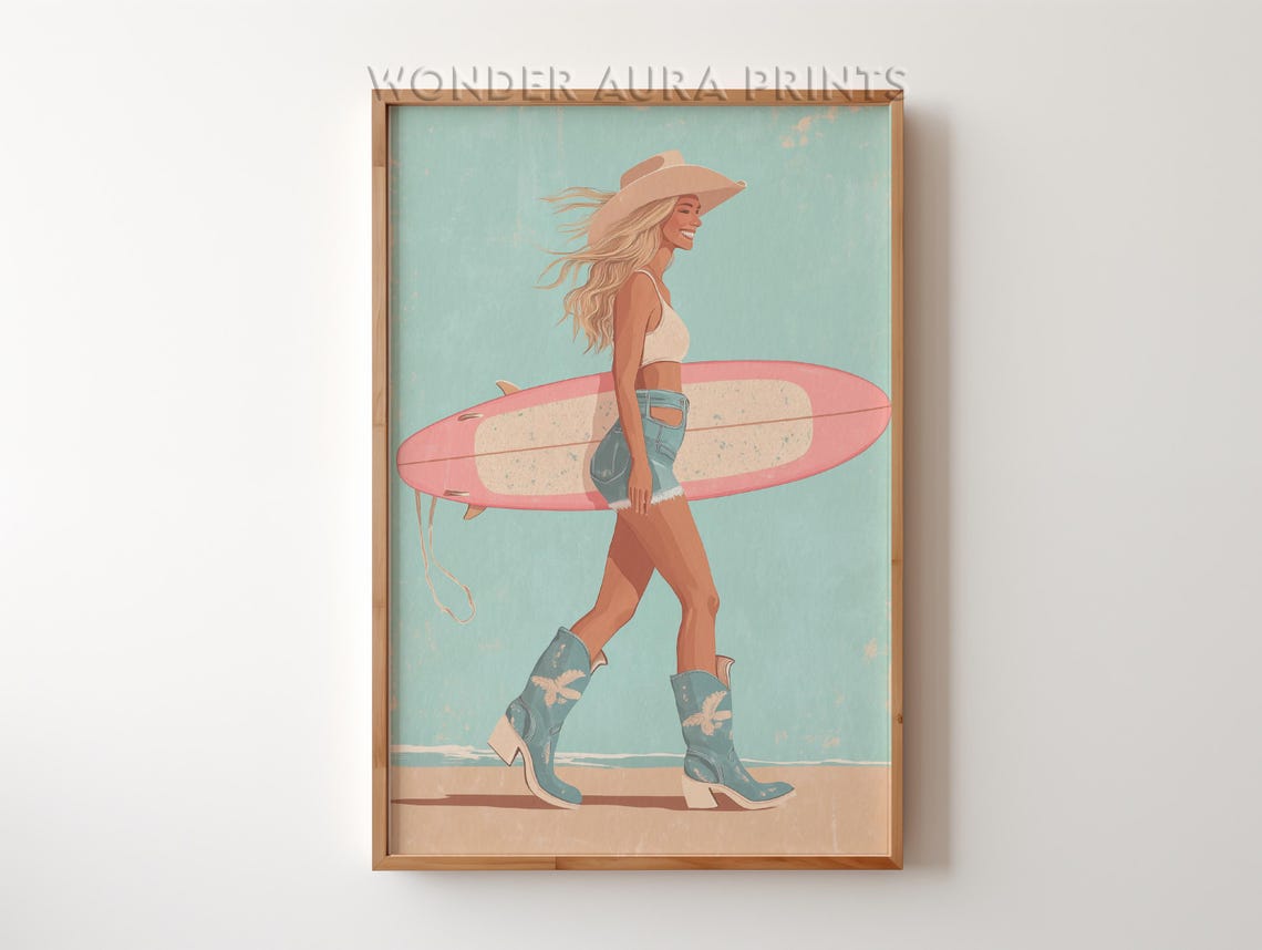 Cowgirl Carrying Pink Surfboard Western Coastal Illustration Print