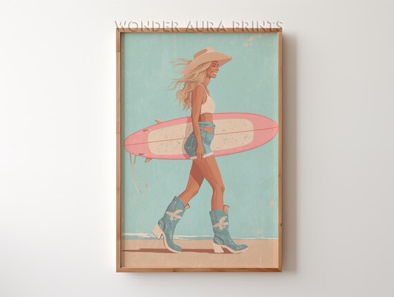 Cowgirl Carrying Pink Surfboard Western Coastal Illustration Print